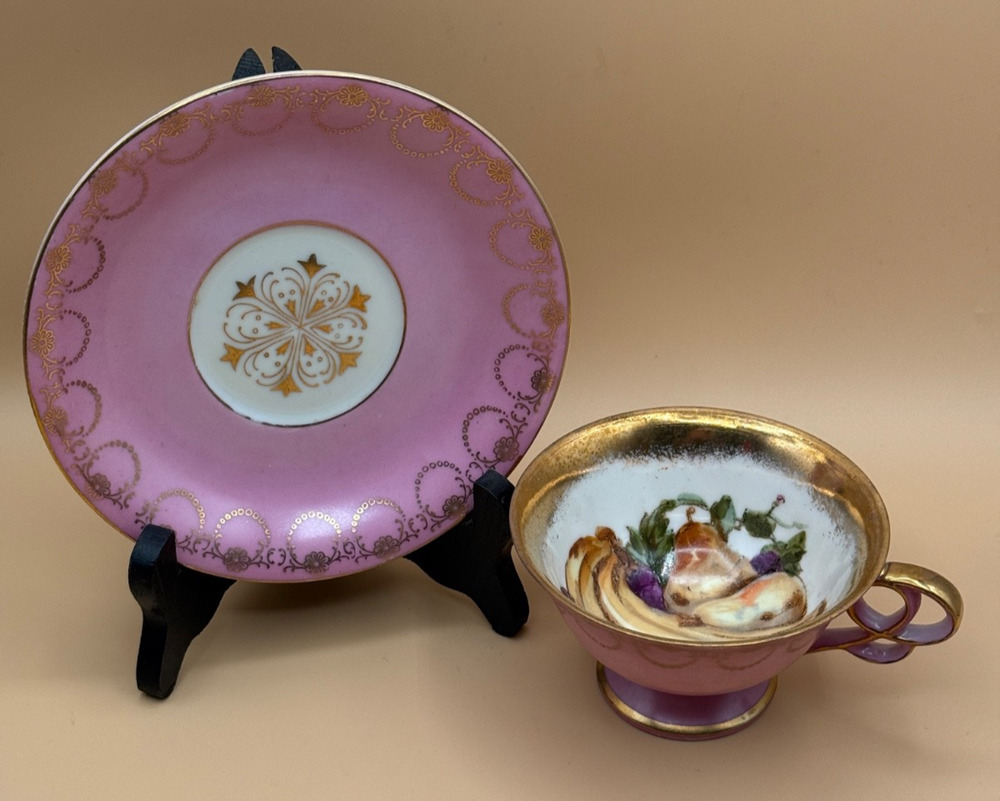 🌸 Vintage UCAGCO Japan Pink & Gold Tea Cup Saucer Set Footed Teacup